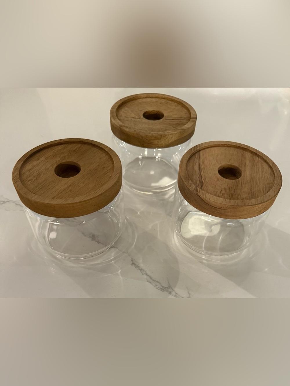 Like New! Clear Glass Stackable Storage Jars w/ Bamboo Wood Lids - Set of 3